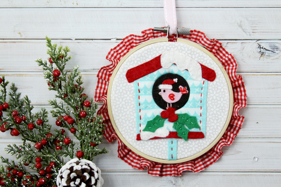 Sweet Fabric and Felt Birdhouse Hoop Ornament