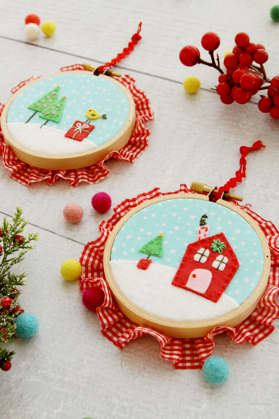 Sweet Fabric and Felt Hoop Ornaments