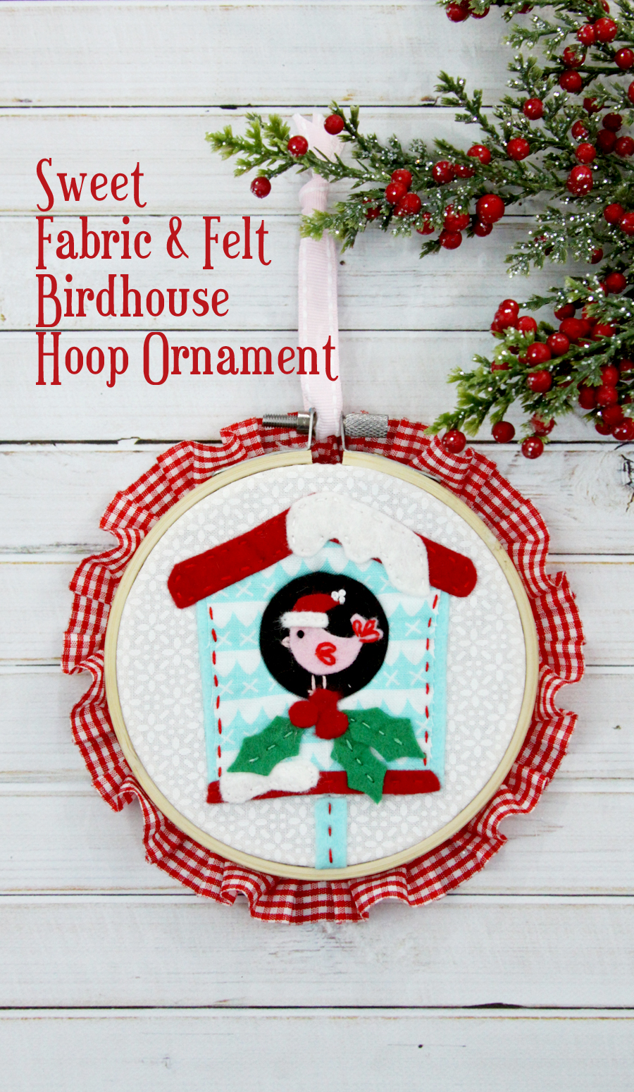 Sweet Fabric and Felt Birdhouse Hoop Ornament | Fabulous and Fun DIY Christmas Ornaments by popular Tennessee craft blog, Flamingo Toes: image of a fabric and felt birdhouse hoop ornament.