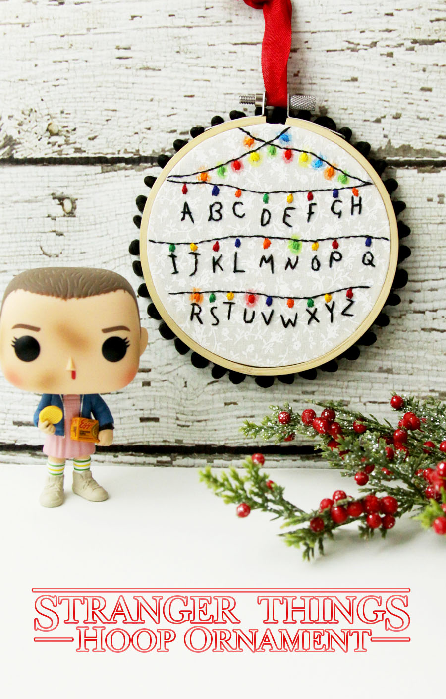 Stranger Things Hoop Ornament | Fabulous and Fun DIY Christmas Ornaments by popular Tennessee craft blog, Flamingo Toes: image of Stranger Things hoop ornament.