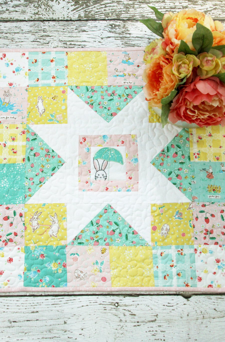 Spring Star Mini Quilt with Bunnies and Blossoms Fabric