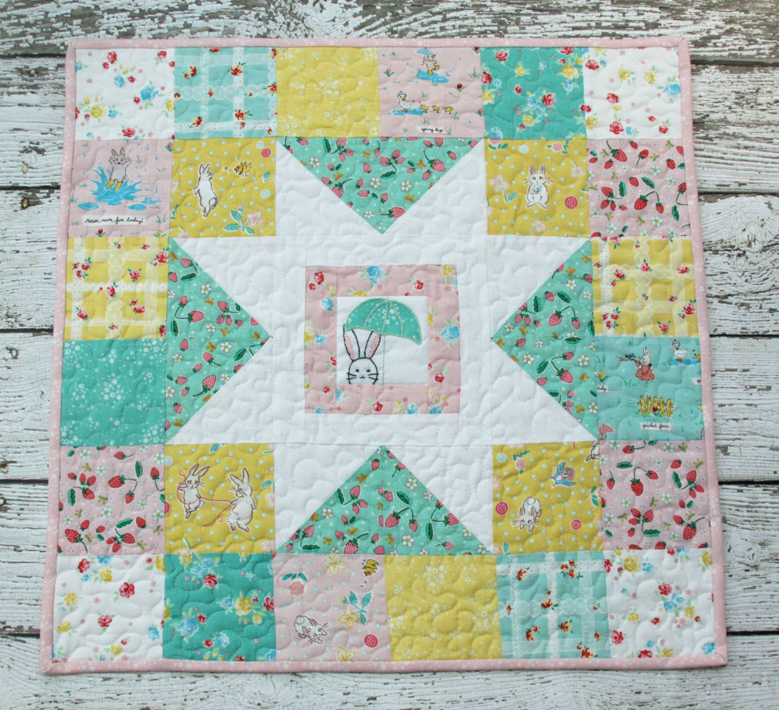 Spring Star Mini Quilt with Bunnies and Blossoms Fabric