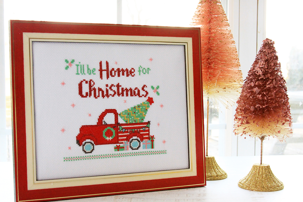 I'll Be Home for Christmas Cross Stitch Pattern by popular Tennessee quilting blog, Flamingo Toes: image of a Christmas cross stitch pattern.