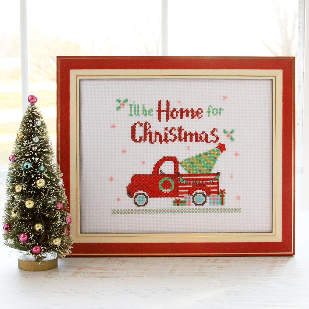 I'll Be Home for Christmas Cross Stitch Pattern by popular Tennessee quilting blog, Flamingo Toes: image of a Christmas cross stitch pattern.
