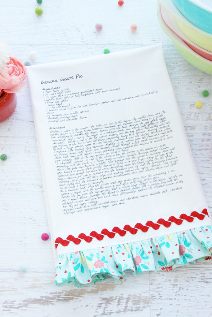 Personalized Recipe Dish Towels DIY by popular Tennessee quilting blog, Flamingo Toes: image of a personalized recipe dish towel.