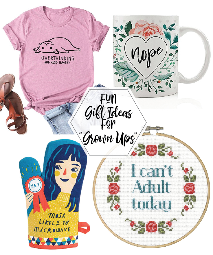 Gift Ideas for "Grown Ups"! by popular Tennessee life and style blog, Flamingo Toes: collage image of a graphic t-shirt, mug, sandals, cross stitch, and oven mitt.