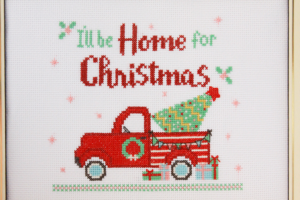 I'll Be Home for Christmas Cross Stitch Pattern by popular Tennessee quilting blog, Flamingo Toes: image of a Christmas cross stitch pattern.