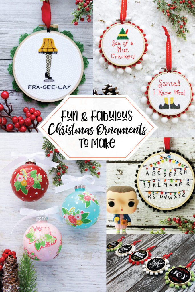 Fabulous and Fun DIY Christmas Ornaments by popular Tennessee craft blog, Flamingo Toes: collage image of DIY Christmas ornaments.
